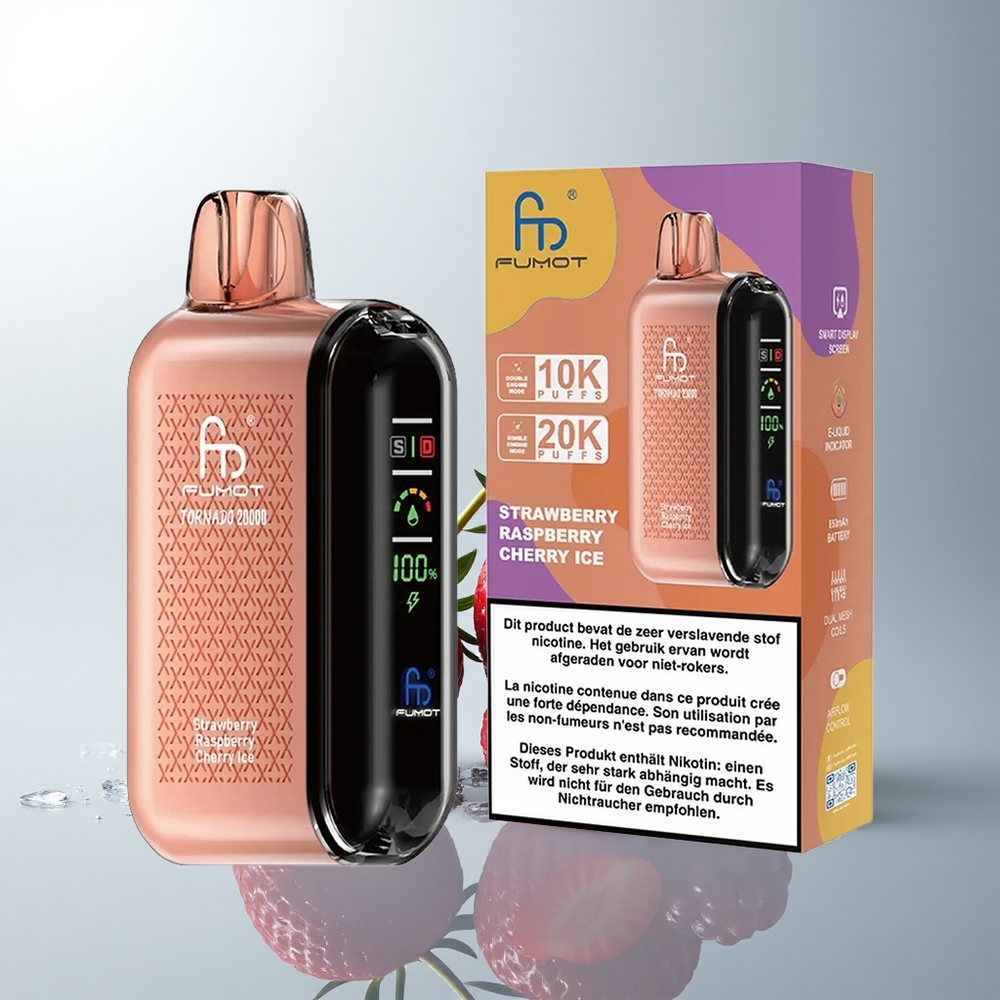 Fumot Tornado 20000 Puffs Fresa Frambuesa Cereza Hielo con Batería Recargable y Control de Flujo de Aire